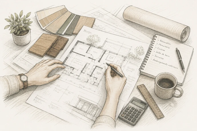 Illustration d'un projet en préparation : plans de rénovation, échantillons de matériaux et liste des travaux