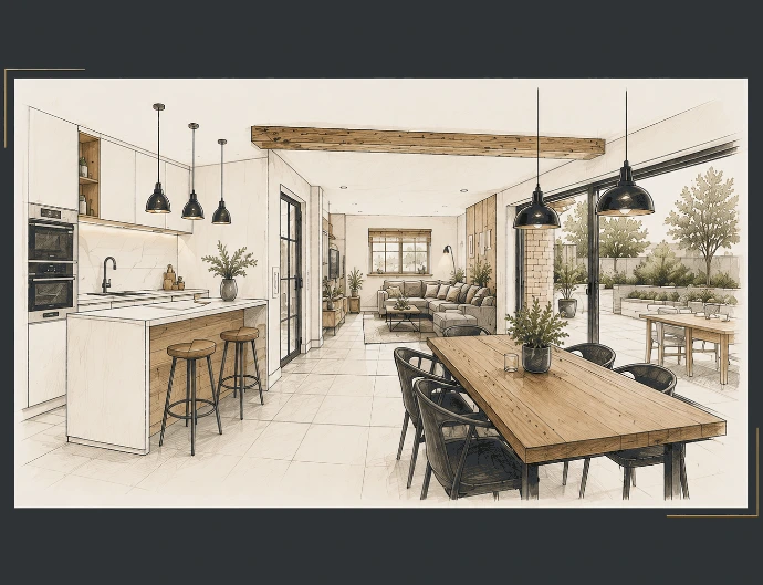 Illustration d'un projet de rénovation et d'aménagement de cuisine ouverte, avec vue sur une terrasse extérieure